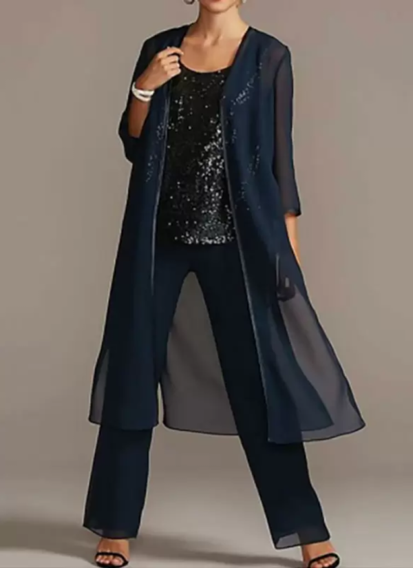 Customization Jewel Neck 3/4 Length Sleeves A-Line Sequins Long 3-Piece Set - Image 3