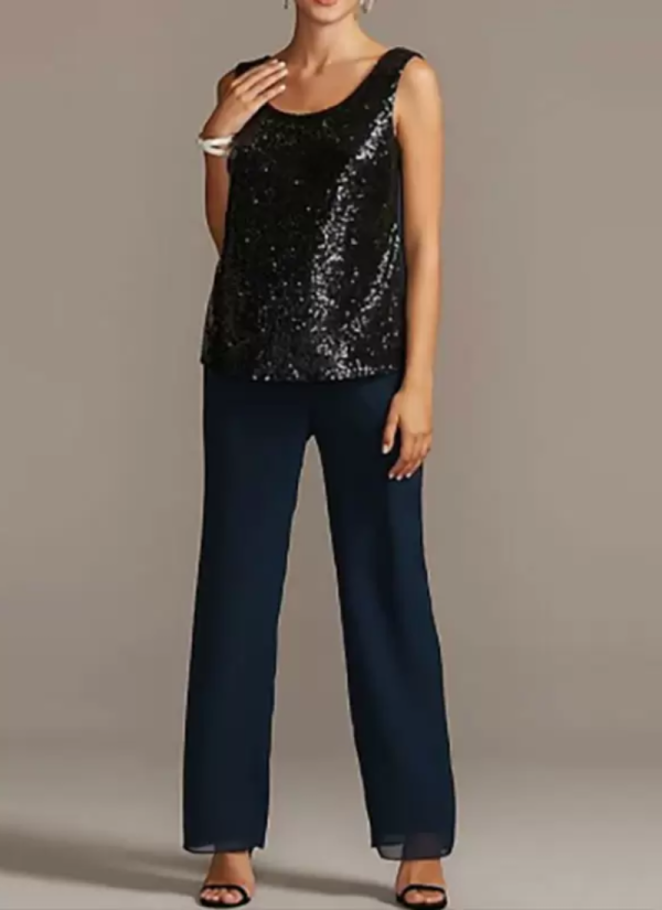 Customization Jewel Neck 3/4 Length Sleeves A-Line Sequins Long 3-Piece Set - Image 5