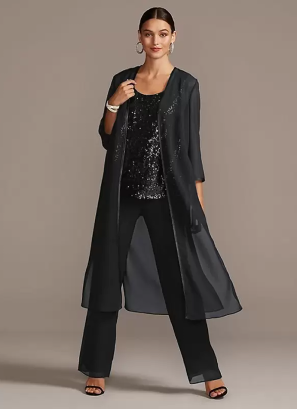Customization Jewel Neck 3/4 Length Sleeves A-Line Sequins Long 3-Piece Set