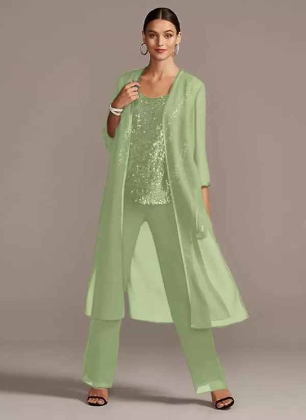 Customization Jewel Neck 3/4 Length Sleeves A-Line Sequins Long 3-Piece Set - Image 6
