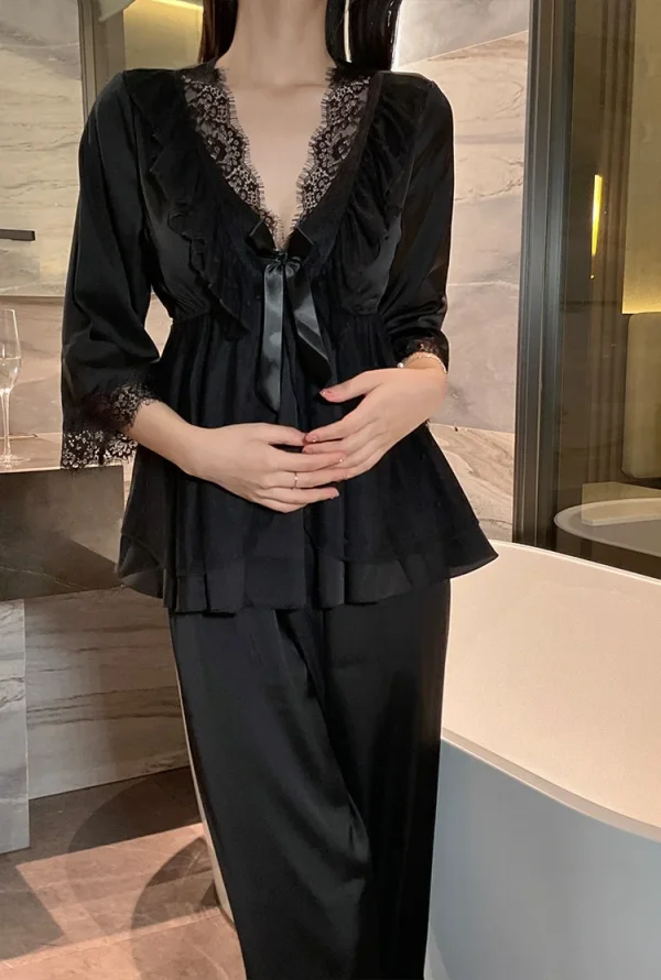 Deep V Sweet Lace Top Pants Lace Satin Home Sleepwear Set - Image 6