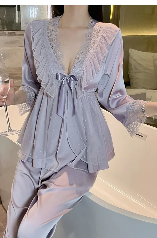 Deep V Sweet Lace Top Pants Lace Satin Home Sleepwear Set - Image 2