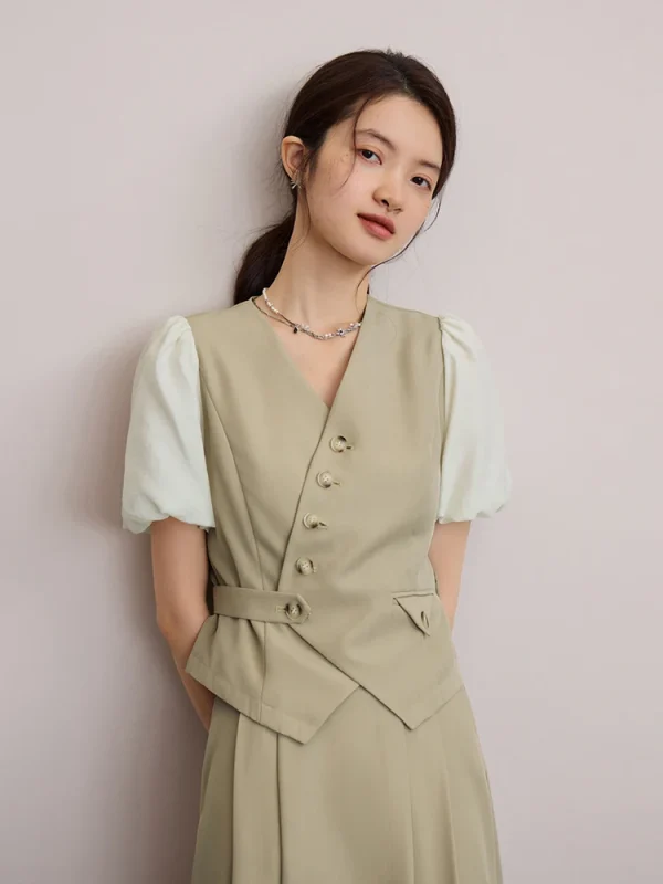 Design V-neck Shirt A-line Puff-sleeved Shirt Top And Skirt 2 Piece Suit - Image 5