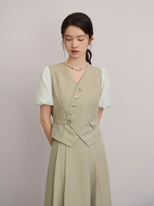 Design V-neck Shirt A-line Puff-sleeved Shirt Top And Skirt 2 Piece Suit - Image 4