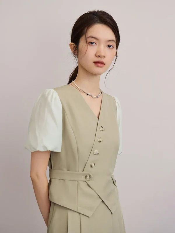 Design V-neck Shirt A-line Puff-sleeved Shirt Top And Skirt 2 Piece Suit - Image 3