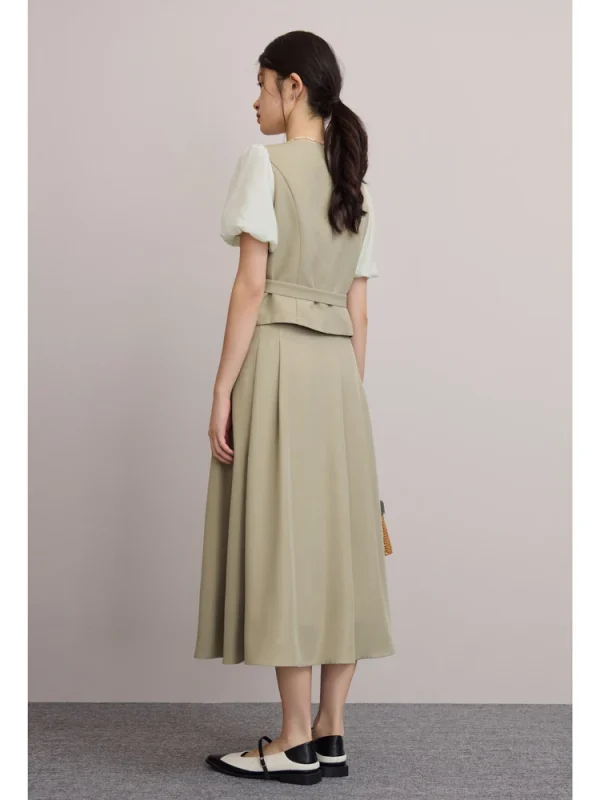 Design V-neck Shirt A-line Puff-sleeved Shirt Top And Skirt 2 Piece Suit - Image 8