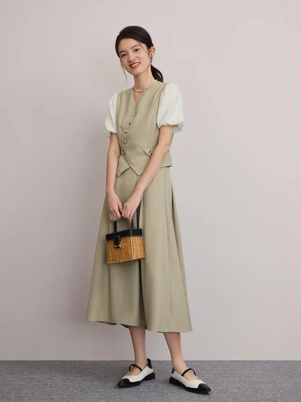 Design V-neck Shirt A-line Puff-sleeved Shirt Top And Skirt 2 Piece Suit