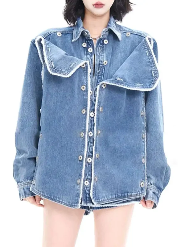 Designer Loose Two Piece Set Lapel Long Sleeve Spliced Button Coat High Waist Shorts Loose Sets - Image 2