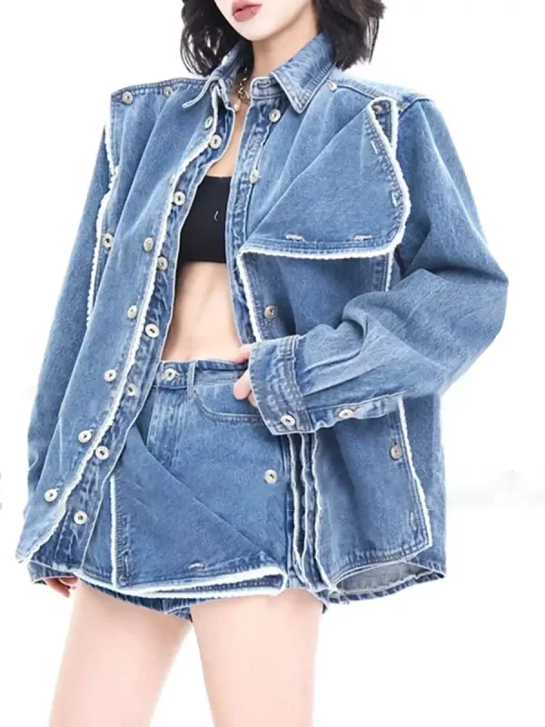 Designer Loose Two Piece Set Lapel Long Sleeve Spliced Button Coat High Waist Shorts Loose Sets - Image 3