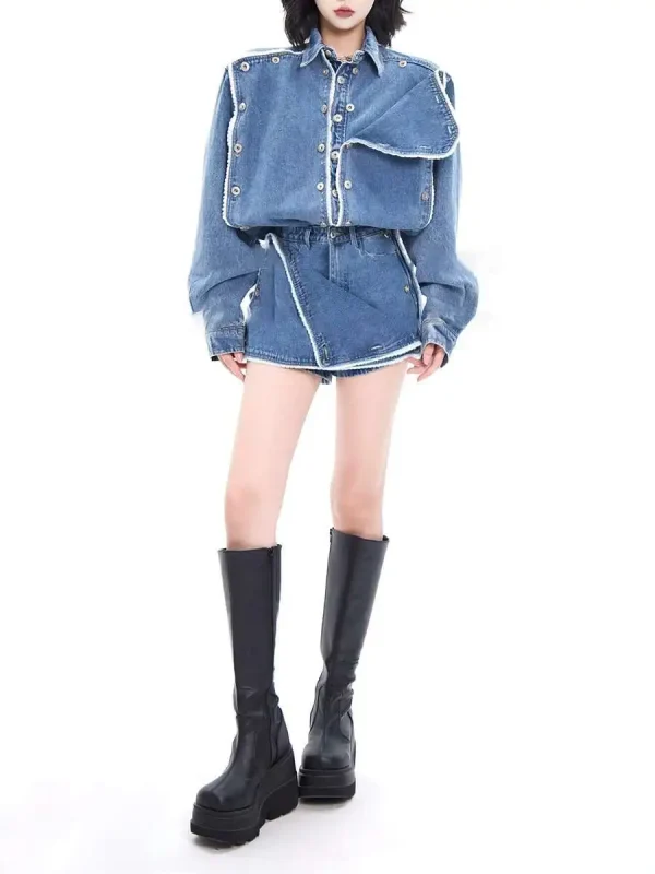Designer Loose Two Piece Set Lapel Long Sleeve Spliced Button Coat High Waist Shorts Loose Sets