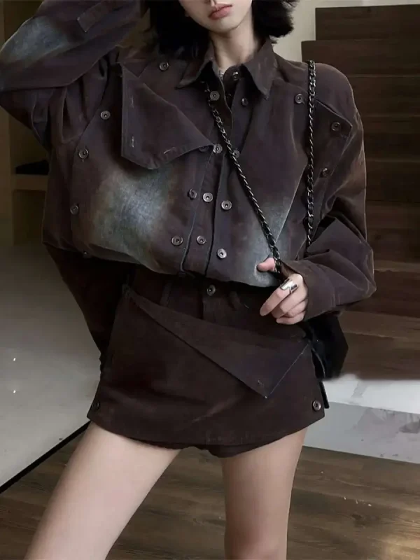 Designer Loose Two Piece Set Lapel Long Sleeve Spliced Button Coat High Waist Shorts Loose Sets - Image 6