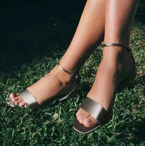 Elegant Cross-tied Ankle Strap Satin Square Toe Low Heeled Sandals - Image 2