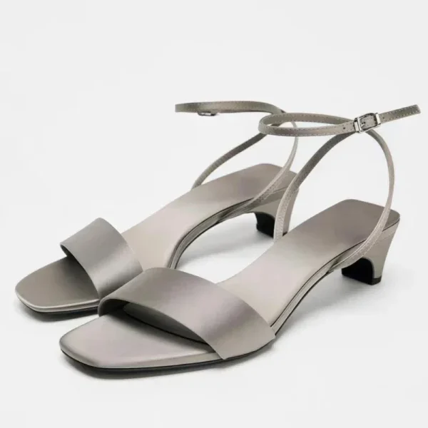 Elegant Cross-tied Ankle Strap Satin Square Toe Low Heeled Sandals - Image 3