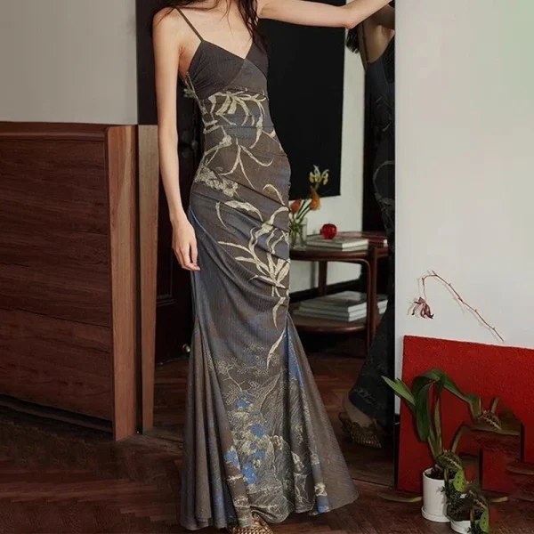 Elegant Backless V-Neck Print Slim Clothing Casual Maxi Dress - Image 2