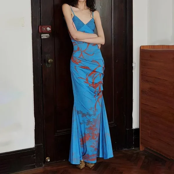 Elegant Backless V-Neck Print Slim Clothing Casual Maxi Dress - Image 5