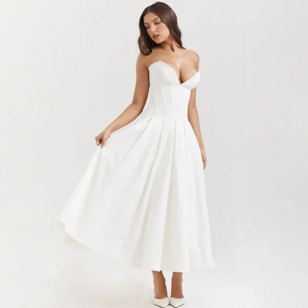 Elegant Backless V-neck High Waist Solid Color Strapless Sleeveless Long Dress - Image 10