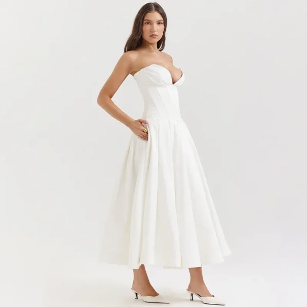 Elegant Backless V-neck High Waist Solid Color Strapless Sleeveless Long Dress - Image 11