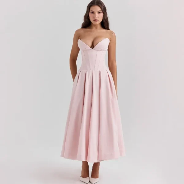 Elegant Backless V-neck High Waist Solid Color Strapless Sleeveless Long Dress - Image 14