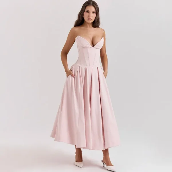 Elegant Backless V-neck High Waist Solid Color Strapless Sleeveless Long Dress - Image 15