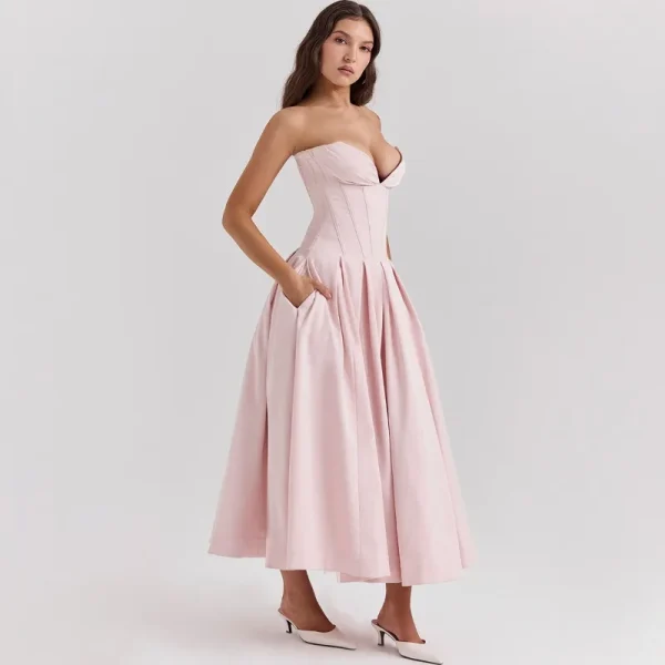 Elegant Backless V-neck High Waist Solid Color Strapless Sleeveless Long Dress - Image 16