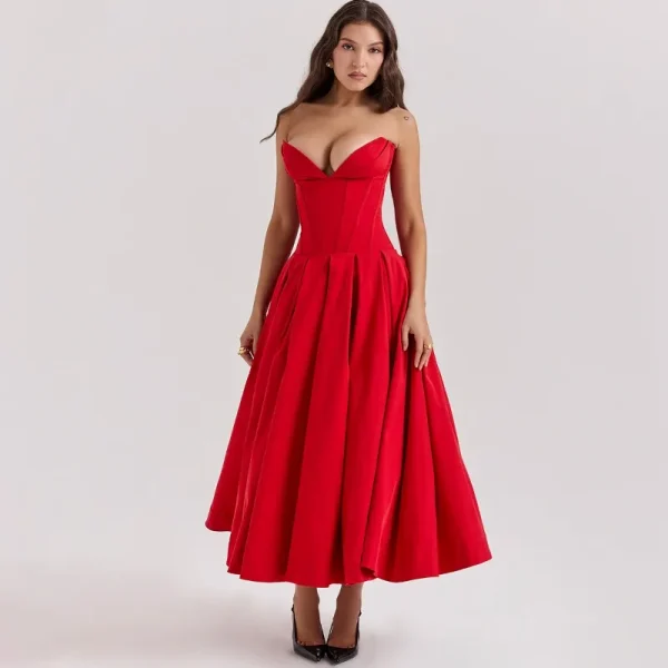 Elegant Backless V-neck High Waist Solid Color Strapless Sleeveless Long Dress - Image 18