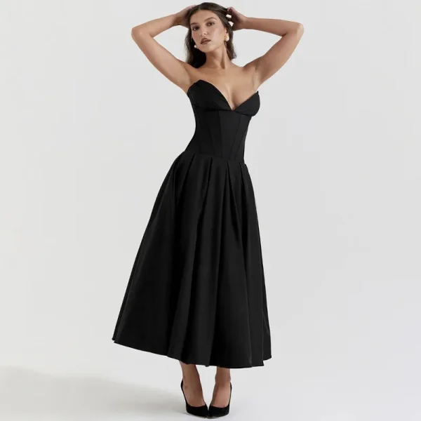 Elegant Backless V-neck High Waist Solid Color Strapless Sleeveless Long Dress - Image 2