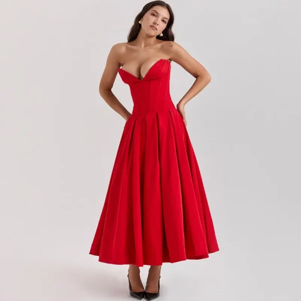 Elegant Backless V-neck High Waist Solid Color Strapless Sleeveless Long Dress - Image 19