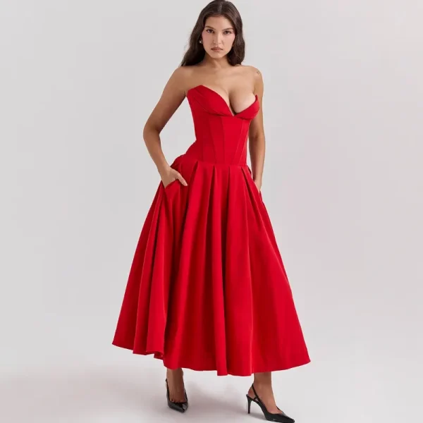 Elegant Backless V-neck High Waist Solid Color Strapless Sleeveless Long Dress - Image 20