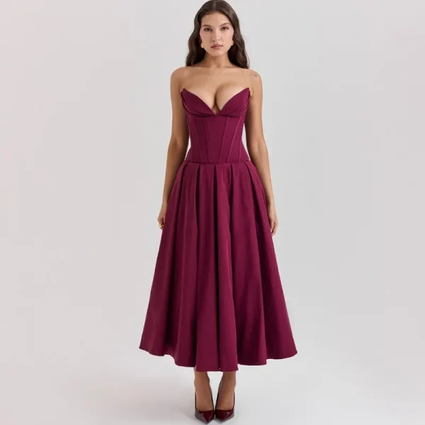 Elegant Backless V-neck High Waist Solid Color Strapless Sleeveless Long Dress - Image 22