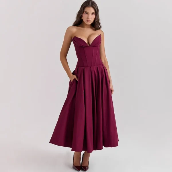 Elegant Backless V-neck High Waist Solid Color Strapless Sleeveless Long Dress - Image 23