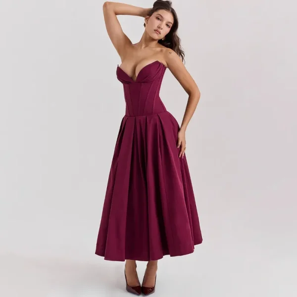 Elegant Backless V-neck High Waist Solid Color Strapless Sleeveless Long Dress - Image 24