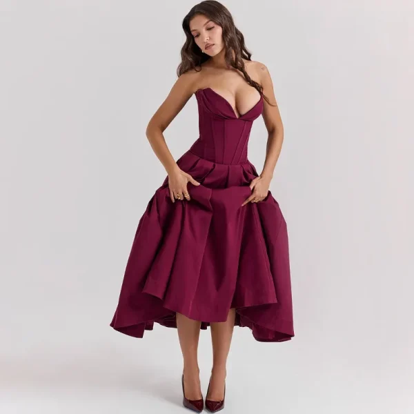 Elegant Backless V-neck High Waist Solid Color Strapless Sleeveless Long Dress - Image 25