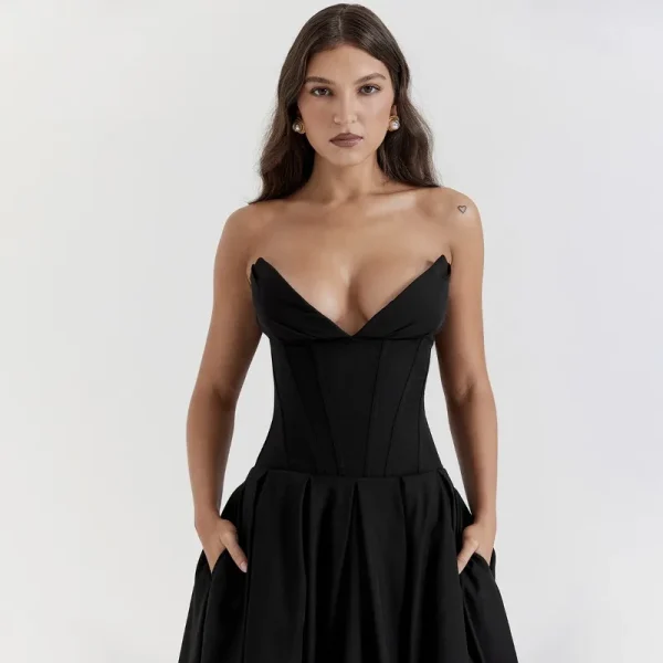 Elegant Backless V-neck High Waist Solid Color Strapless Sleeveless Long Dress - Image 5