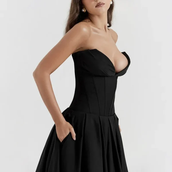 Elegant Backless V-neck High Waist Solid Color Strapless Sleeveless Long Dress - Image 6
