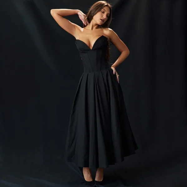 Elegant Backless V-neck High Waist Solid Color Strapless Sleeveless Long Dress - Image 7