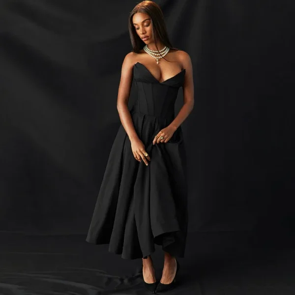 Elegant Backless V-neck High Waist Solid Color Strapless Sleeveless Long Dress - Image 8