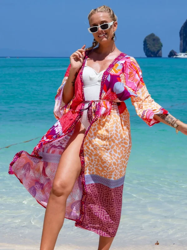 Retro Beach Style Kimono for Sea Boho Cover up Long Swimsuit