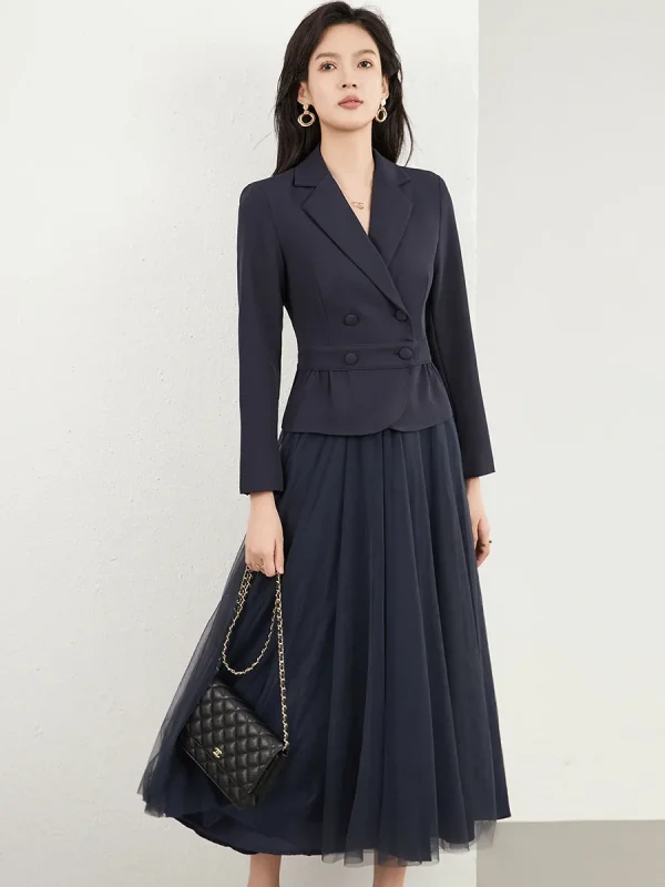 Elegant Double Breasted Blazer And Skirt 2 Piece Suits