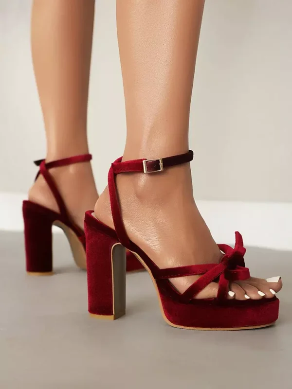 Elegant Bow Platform Open Toe Chunky Satin High Heel Sandals - Image 7