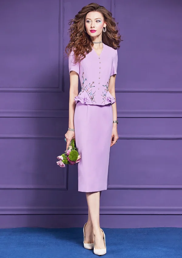 Elegant Chic Short Sleeve Ruffles Patchwork Beading Party Knee Length Dress - Image 2