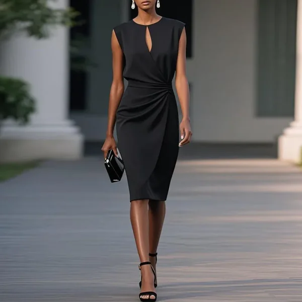 Elegant Chic Sleeveless Pleated Solid Retro Hollow Out O Neck Spliced Commute Dress - Image 4