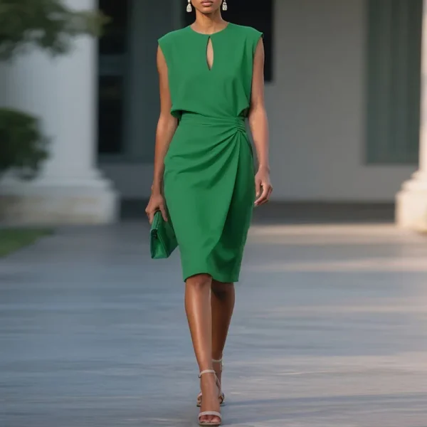Elegant Chic Sleeveless Pleated Solid Retro Hollow Out O Neck Spliced Commute Dress - Image 3