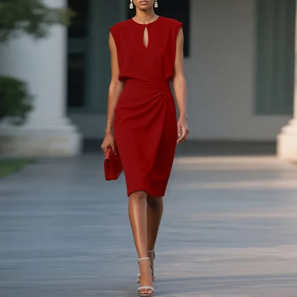Elegant Chic Sleeveless Pleated Solid Retro Hollow Out O Neck Spliced Commute Dress - Image 2