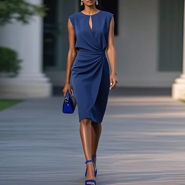 Elegant Chic Sleeveless Pleated Solid Retro Hollow Out O Neck Spliced Commute Dress