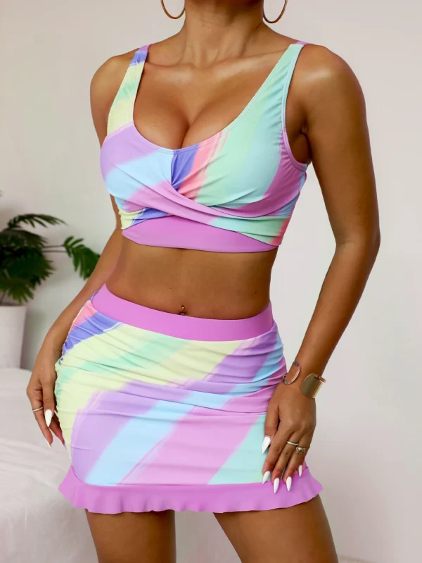 Elegant Color Block Print with Skirt Cross-over Bust Tankini Set