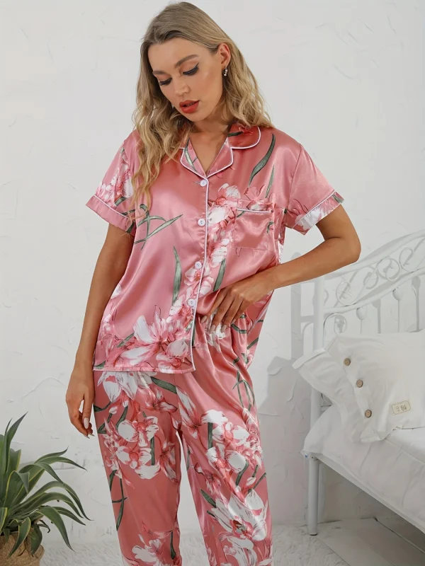 Elegant Comfort Short Sleeve Button Lapel Floral Print Satin Pajama Set