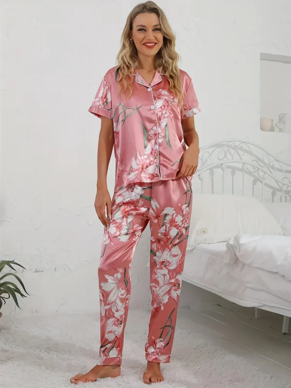 Elegant Comfort Short Sleeve Button Lapel Floral Print Satin Pajama Set - Image 2