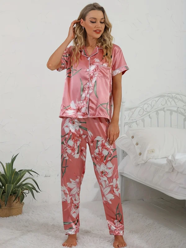 Elegant Comfort Short Sleeve Button Lapel Floral Print Satin Pajama Set - Image 4