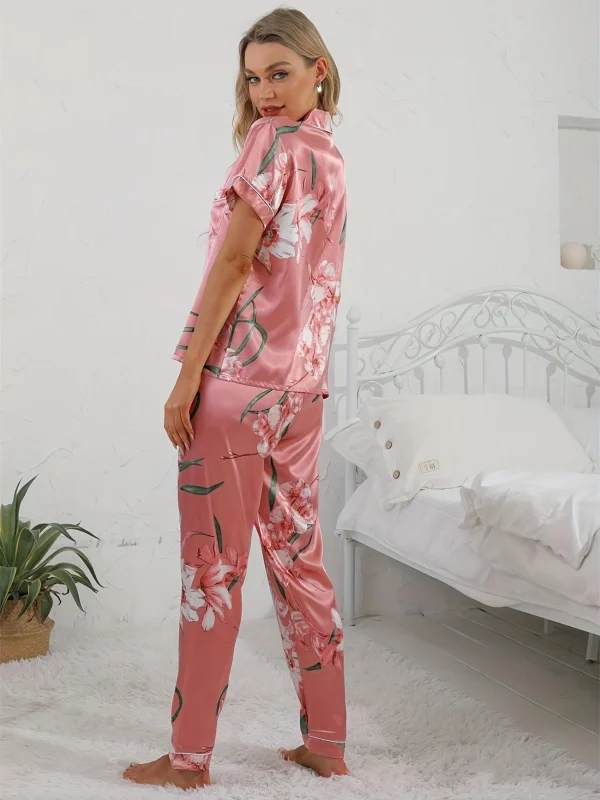 Elegant Comfort Short Sleeve Button Lapel Floral Print Satin Pajama Set - Image 6