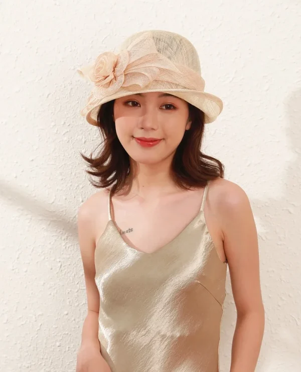 Elegant Court Linen Fascinators Rose Linen Sun Shading Large Brim Millinery Banquet Hat - Image 11